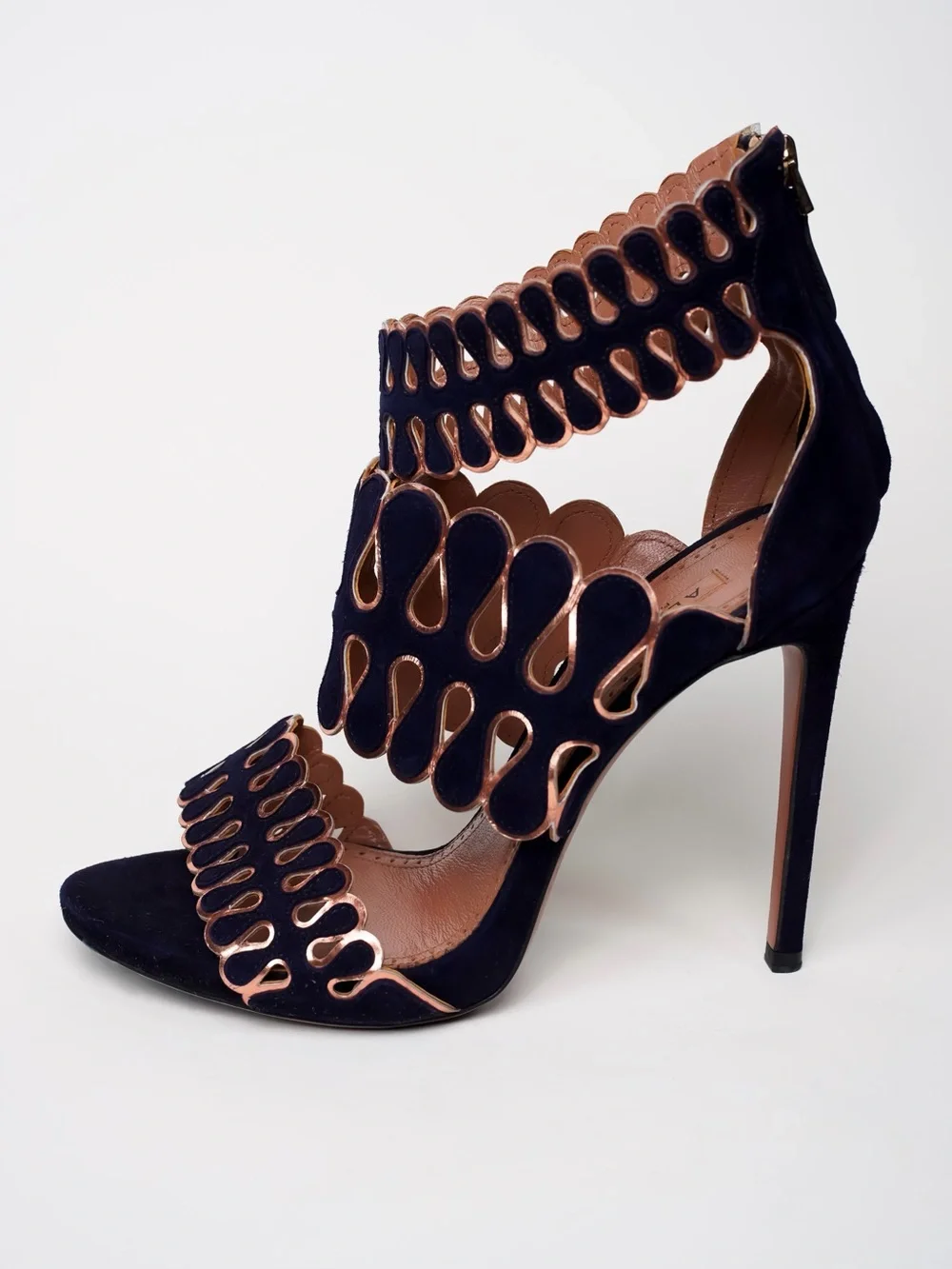 Alaïa Suede Gladiator Scalloped Stiletto Sandals Navy Blue Gold 38.5 US 8.5